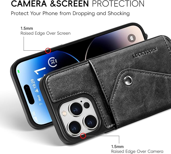 LUCKYCOIN Crossbody Phone Case for iPhone 14 Pro Max, 100% Genuine Leather Phone Wallet Case for Women, Premium Hands-Free Phone Purse with Expandable Flip Card Holder & Adjustable Strap - Retro Black