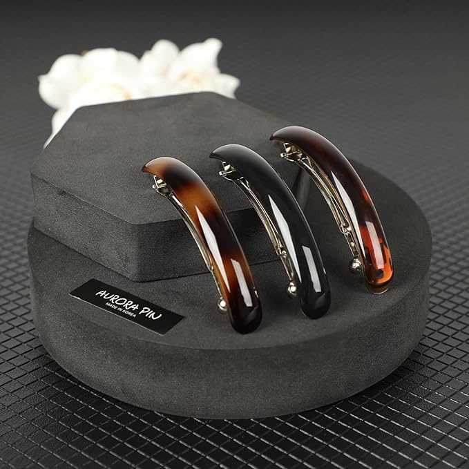Aurora Pin Stylish Tortoise Shell Hair Clip - Autoclasp Barrettes For Styling in an Updo, Bun, Ponytail - Strong Korea Made Accessory for Thick, Medium Volume Hair - Set of 3 Pieces, 3 Colors