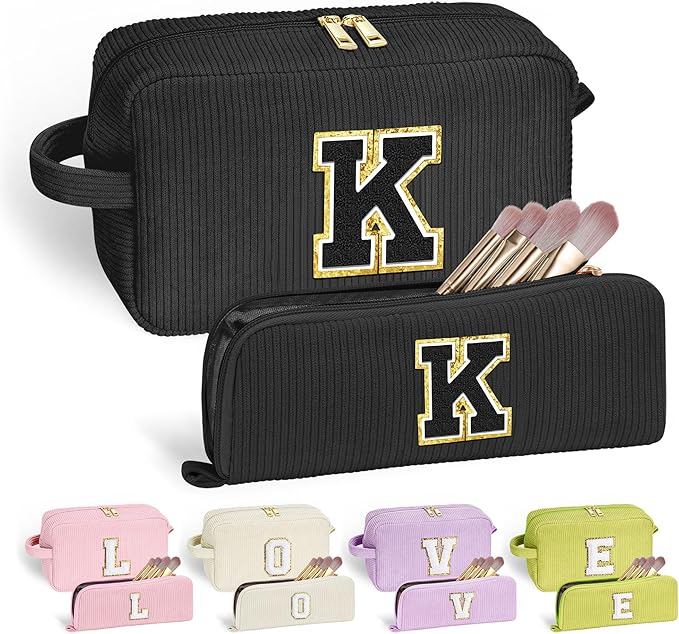 YOOLIFE Black Cosmetic Bags for Women - Initial Travel Makeup Bag with Small Makeup Brush Bag Travel Essentials Corduroy Makeup Bag Bridesmaid Proposal Gifts Granddaughter Gifts for Women Letter K