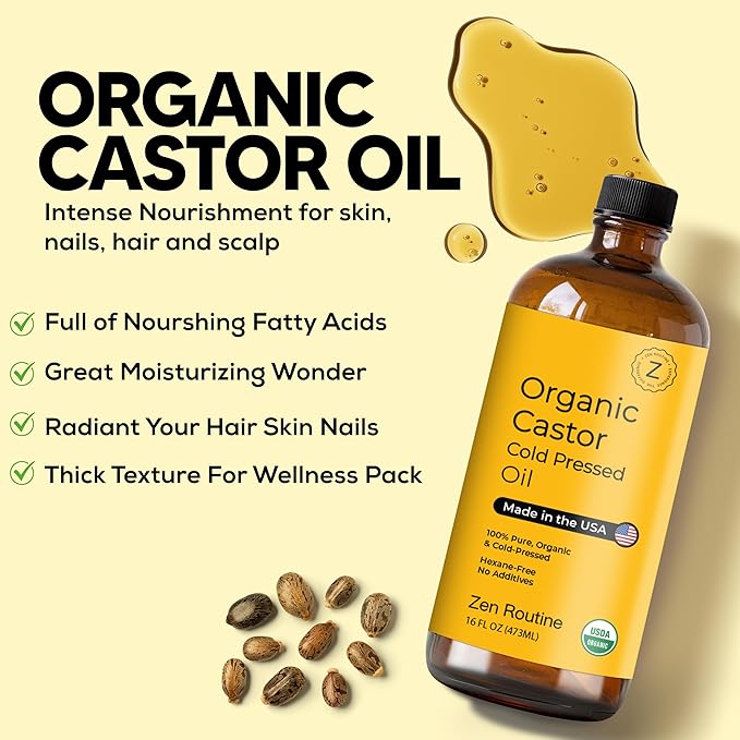 Zen Routine Organic Castor Oil in Glass Bottle – Cold Pressed Hexane Free – For Hair Growth, Face, Eyelash, Skin, Stomach & Castor Pack Wrap – 100% Pure & Unrefined 16 fl oz — Made in USA