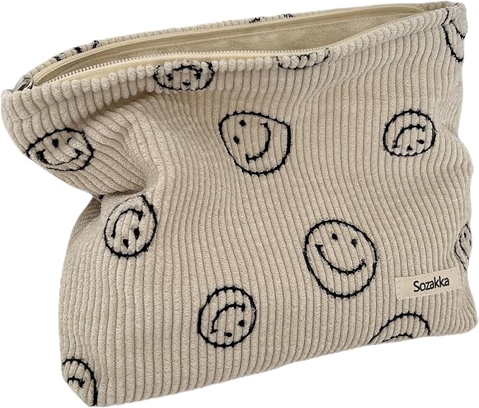 Gardsell Cosmetic Bags for Women - Corduroy Cosmetic Bag Aesthetic Women Handbags Purses Smile Dots Makeup Organizer Storage Makeup Bag Girls Case Bags (A-Beige)
