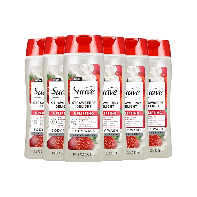 Suave Strawberry Delight Uplifting Body Wash, Formulated with Glycerin and Vitamin E for Hydrating and Gently Cleansing Skin, 18 FL OZ, 6 Pack
