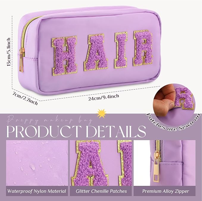 Cunno Preppy Makeup Bags Chenille Letter Stuff Bag Nylon Cosmetic Pouch Cases with Zipper for Women Travel Toiletry(Purple Set,Classic,4 Pcs)