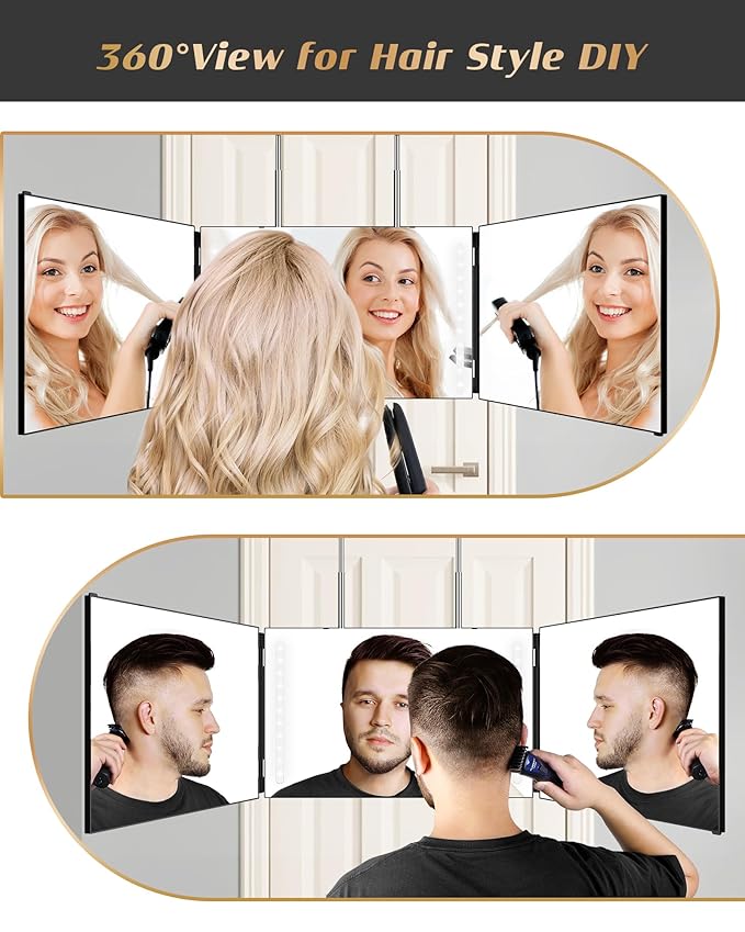 JUSRON 3 Way Mirror for Hair Cutting, 360 Mirror with Height Adjustable Hooks for Door, Bathroom, Portable Trifold Shaving Barber Mirror for Makeup, Cut, Trim, Shave Gift (Black with LED)