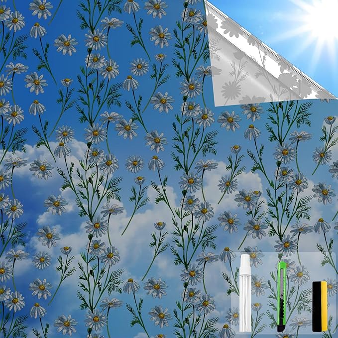 One Way Privacy Film, Window Tint for Home,Daytime Reflective, Anti UV Static Cling Sliding Door Coverings No Glue Garage Solar Paper (Black - Silver-Daisy, 45.27 x 78.7 in)