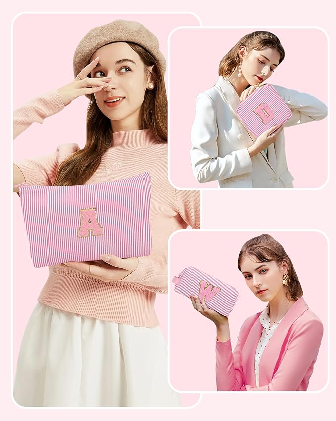 Initial Makeup Bag Cosmetic Bag Bridal Shower Gifts - Bridesmaid Bag,Bridesmaid Proposal Gifts for Wedding Day,Maid Matron of Honor Gift, Bride to be Gifts,Bachelorette Party Favors,3PCS,Pink T