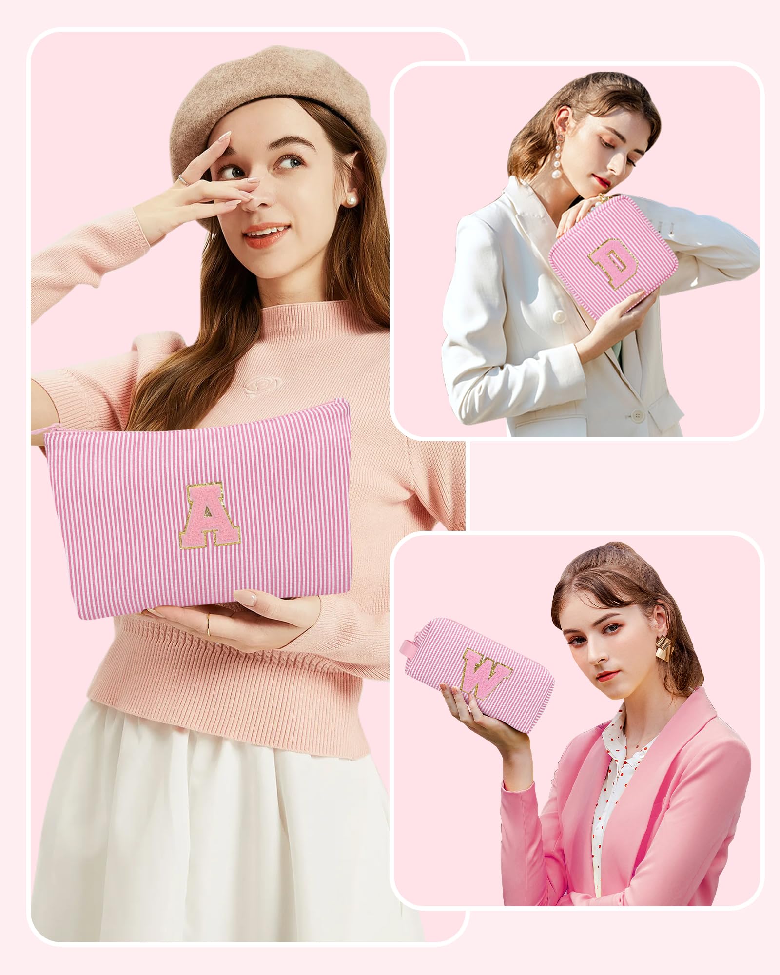 MONSTINA Personalized Initial Makeup Bag for Women,Monogram Make Up Case for Girlfriend Bridesmaid Wife,Birthday Gift for Her Cute Toiletry Bag,3PCS,Pink E