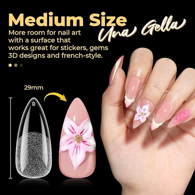UNA GELLA 600Pcs Medium Stiletto Gel Nail Tips, Pre Etched Medium Stiletto Press on Nails & Sharp Almond Shape Full Cover Soft Gel Nails Tips for Nail Extensions DIY Art Salon 12 Sizes at Home