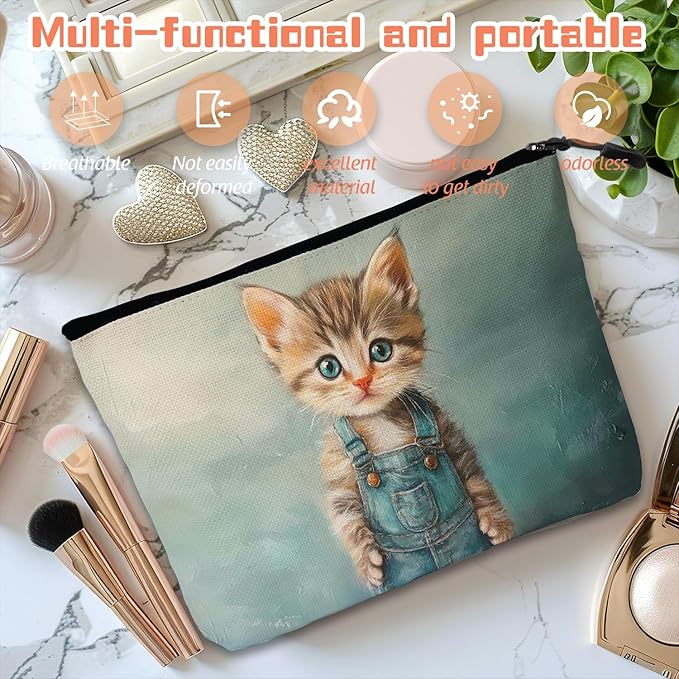 Scribesense Cosmetic Bags Travel Makeup Toilet Case Waterproof Pouch for Women Girls 6.7X9.45inches - The Adorable Allure of A Kitten in Blue Overalls