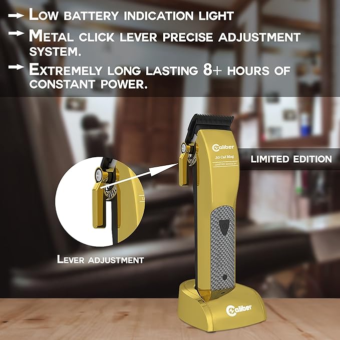 Caliber.50 Cal Limited Edition Clipper - Long Lasting 8+ Hours of Power - Ultra Low Noise Technology - Rechargeable Powerful Battery - Easy Zero Gap Cut - Hair Grooming Tool for Men (Gold)