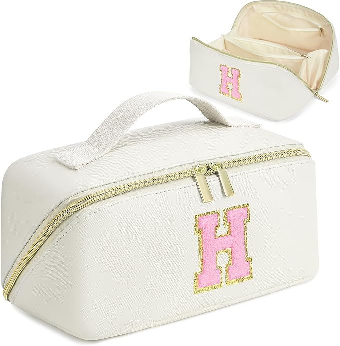 for Valentines Day Gifts, Makeup Bag for Women, PU Leather Travel Toiletry Bags, Initial Make Up Cosmetic Pouch for Teen Girls, Wide Open Portable Skincare Bag, Personalized Birthday Gifts, White H