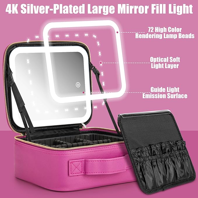Extrei Gent Makeup Travel Train Case with Mirror LED Light 3 Adjustable Brightness Cosmetic Bag Portable Storage Adjustable Partition Waterproof Makeup Brushes Makeup Jewelry Gift for Women, Violet