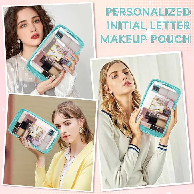 Personalized Initial Clear Makeup Bag, Travel Chenille Patch Cosmetic Bag, Preppy Toiletry Bag Monogram Cosmetic Pouch with Zipper, Ideal Gift for Teen Girls Women (Clear-Green, Y)