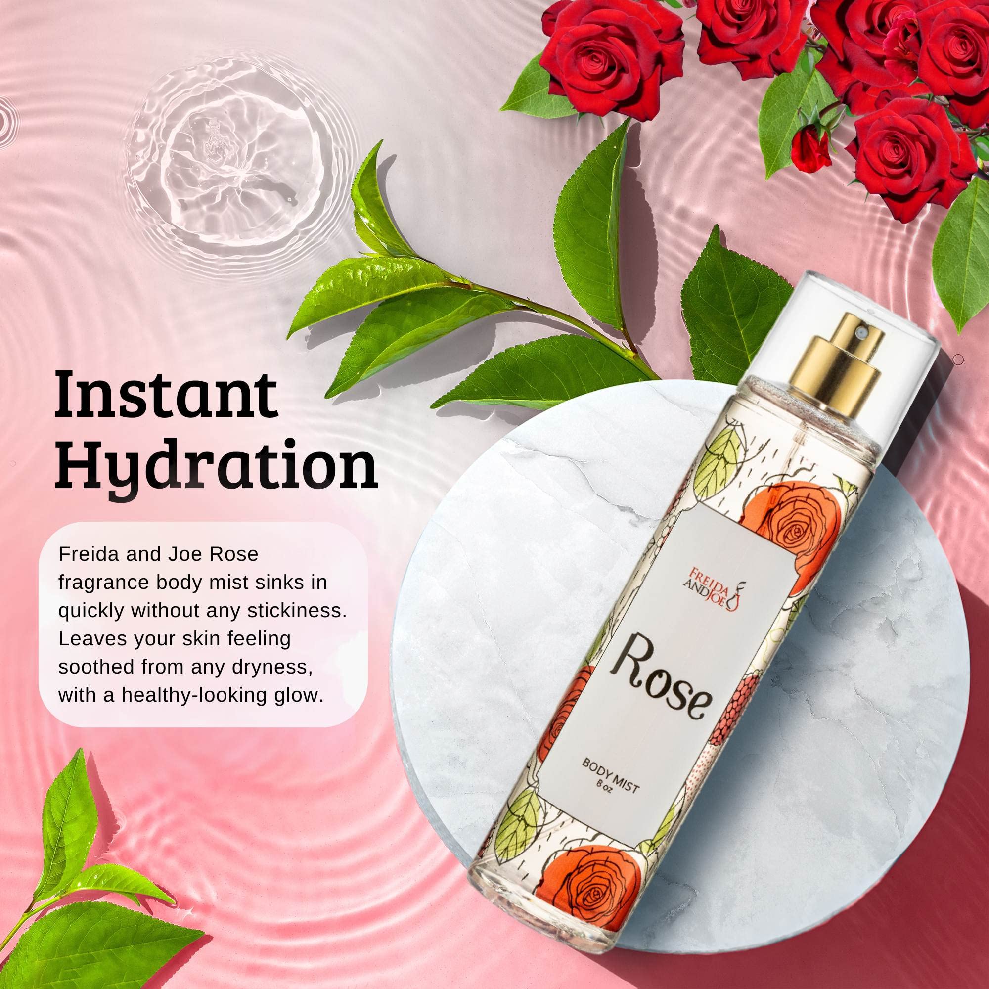 Freida and Joe Rose Elegance Fine Fragrance Body Mist Spray Capturing Timeless Allure of Blooming Roses, 8 oz Spray Bottle Ideal for Gifting, Stocking Stuffer – Mother's Day Gift for Mom