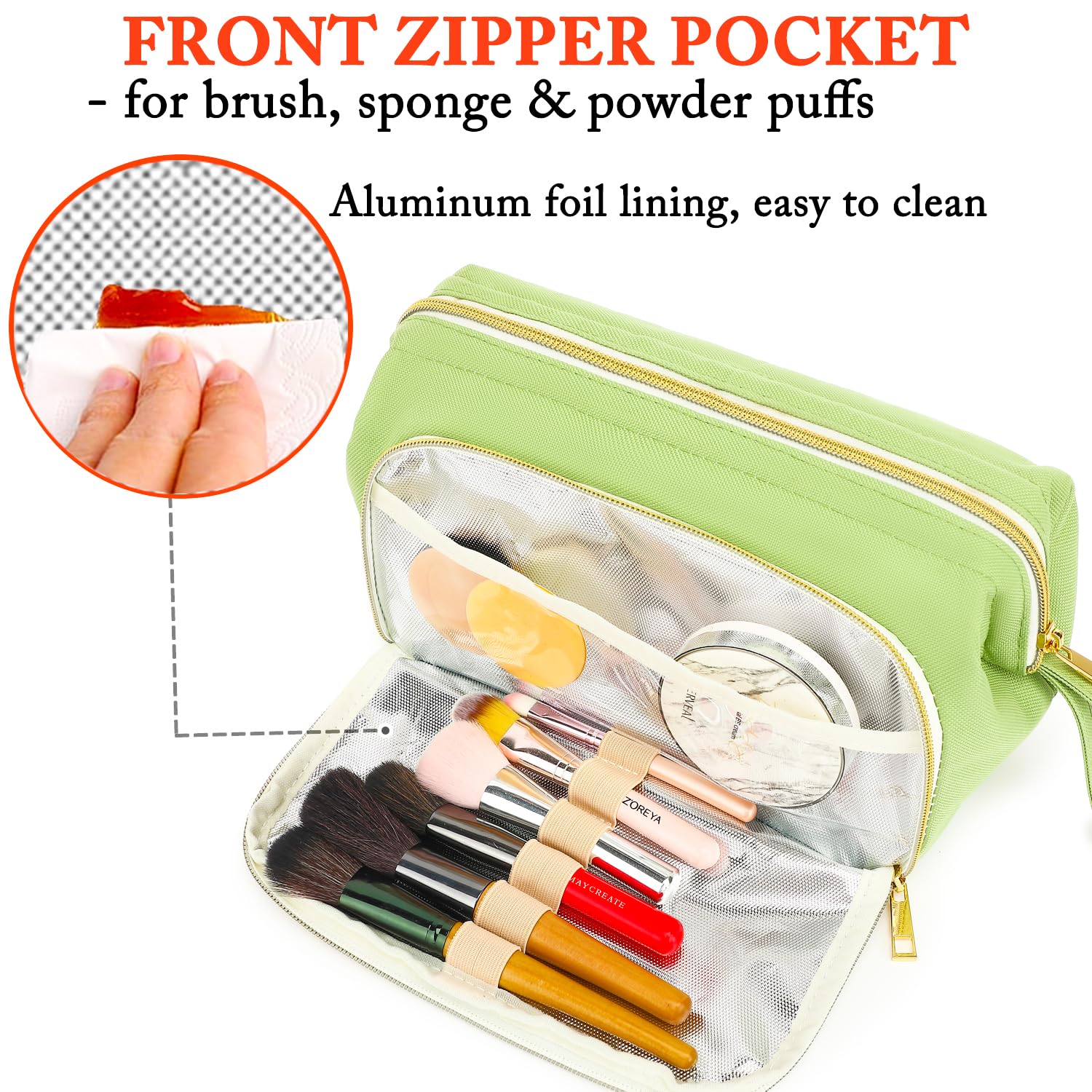 Fammart Travel Makeup Bag, Wide-open Cosmetic Bag Make Up Organizer Case with Brushes Pocket for Women, Large Family Toiletry Bag Skincare Pouch for Toiletries Accessories