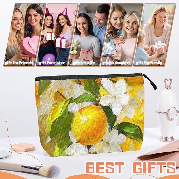 Scribesense Cosmetic Bags Travel Makeup Toilet Case Waterproof Pouch for Women Girls 6.7X9.45inches - Oil Painting of Lemons And White Flowers