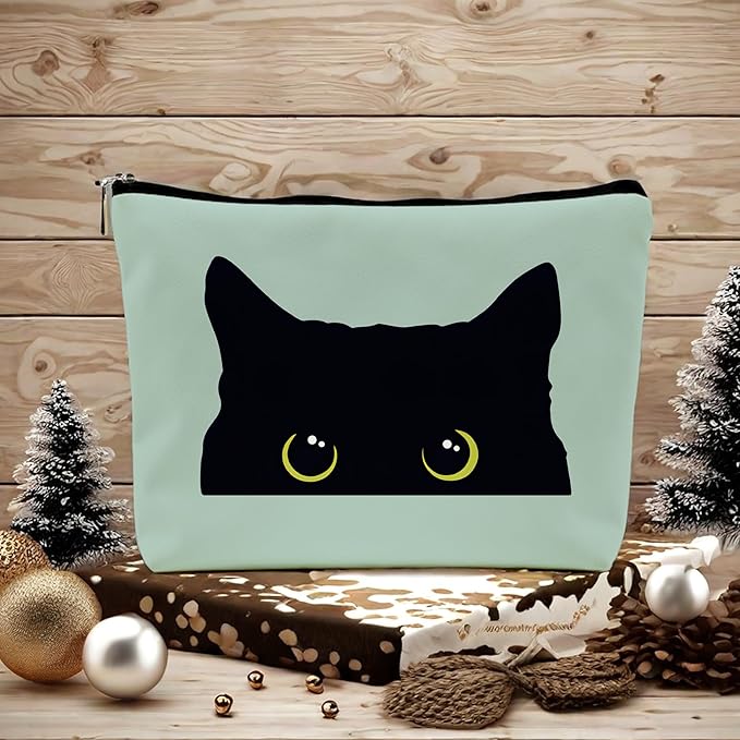 NEGIGA Black Cat Makeup Bag – Cute Cosmetic Pouch Travel Toiletry Bag, Zipper Organizer for Women Girls, Multifunction Cat Lover Gift Purse (Greener Pu Leather)