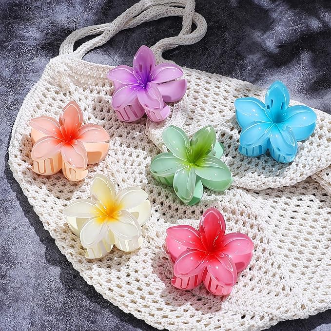 CHANDAT Flower Hair Clips 6 PCS Hawaiian Claw Clips for Vacation Hibiscus Hair Claw Clips Cute Large Hair Clips for Thick and Thin Hair Plumeria Hair Accessories for Women Girls - Hawai