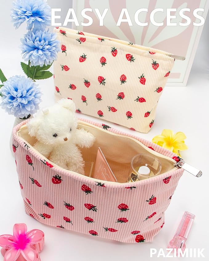Flat Makeup Bag for Women,Zipper Cosmetic Pouch for Purse,Strawberry Pink