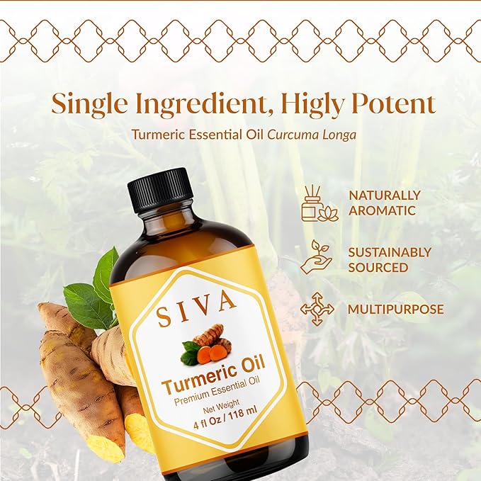 Siva Turmeric Essential Oil 4 Fl Oz – for Diffuser, Skin & Hair Care – Ideal for Massage & DIY Blends- with Dropper
