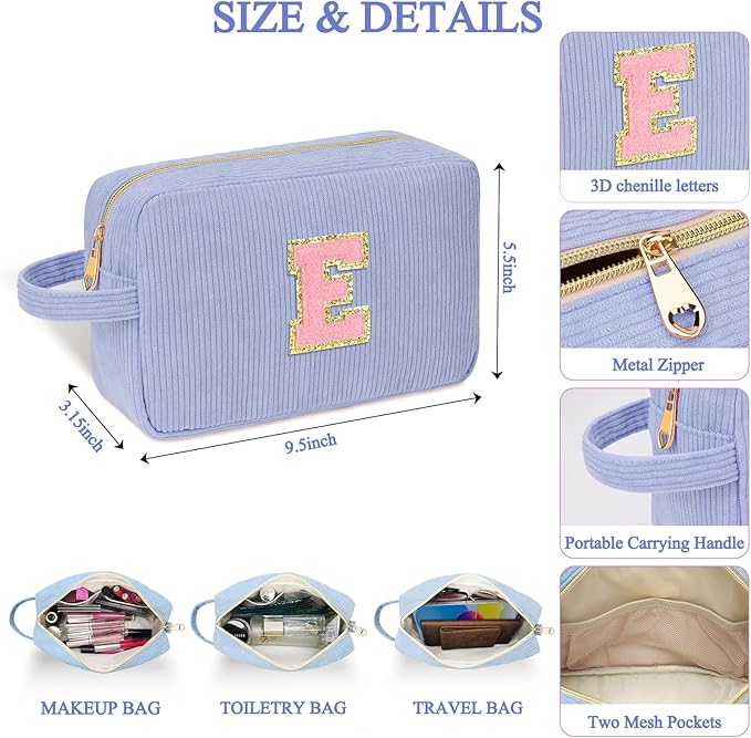 Sernaxi Personalized Initial Makeup Bag Trendy Stuff Corduroy Cosmetic Bag Travel Toiletry Bag, Valentine’s Day Gift Makeup Organizer Case & Makeup Pouch for Women Teen Girls Mom Girlfriend Wife