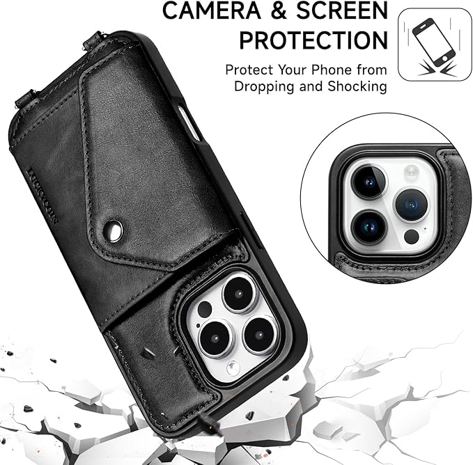 LUCKYCOIN Crossbody Phone Case for iPhone 16 Pro Max, 100% Genuine Leather Phone Wallet Case for Women, Premium Hands-Free Phone Purse with Expandable Flip Card Holder & Adjustable Strap - Retro Black