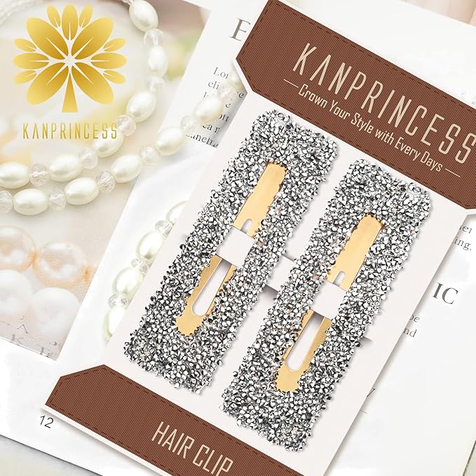 Kanprincess Rhinestone and Crystal Hair Clips 2-Pack, Sparkly Barrettes & Elegant Bling Accessories for Women & Girls(Set11)