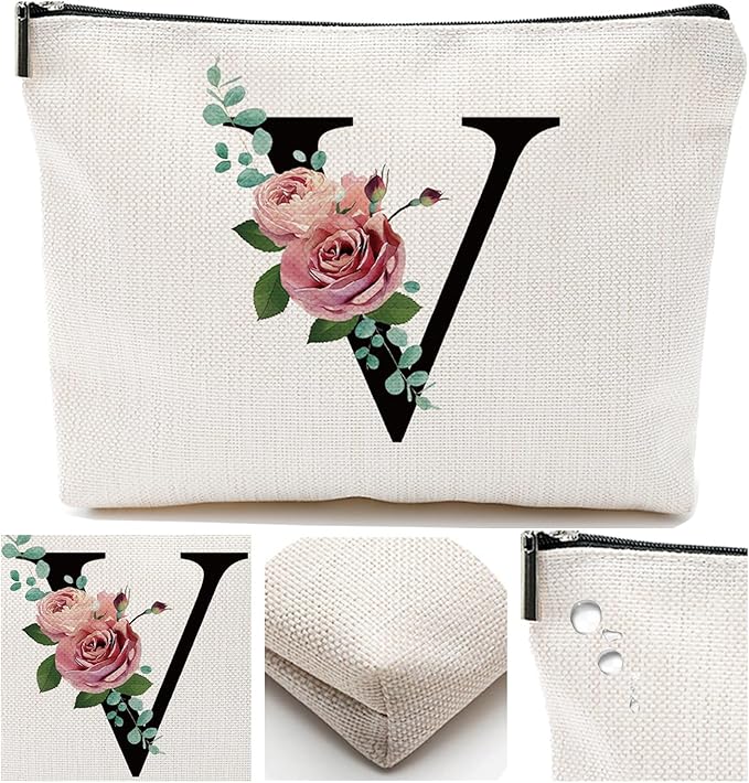 Comanro Initial A-Z Personalized Letter Makeup Bag, Monogrammed Bridesmaid Presents Cosmetic Bag, Portable Stationary Storage Organizer Pouch, Friendship LoveTravel Makeup Bags