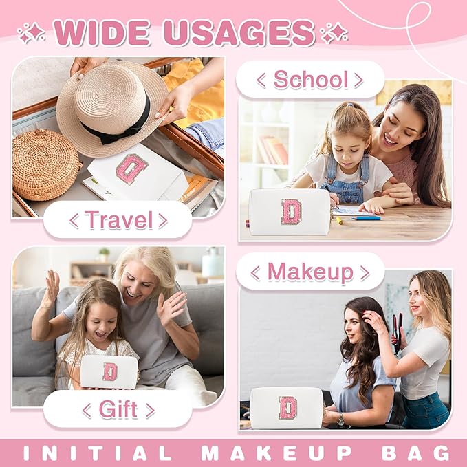 Small Initial Patch Makeup Bag Personalized Gifts Make Up Bag,White Cute PU Leather Glitter Letter Cosmetic Bag with Zipper,Trendy Portable Travel Toiletry Pouch,Preppy Stuff for Teen Girls Women D