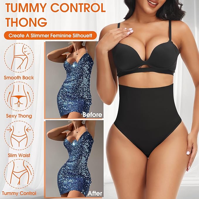 Niceuare Tummy Control Thong Shapewear for Women High Waist Body Shaper Underwear Seamless Comfortable Panty Thong（Black，X-Large