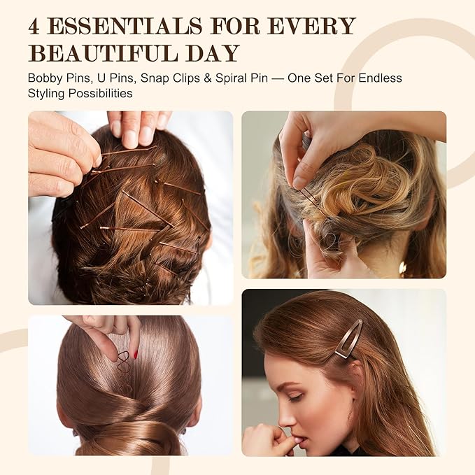FLAREANN Brown Bobby Pins Set with U Shape Pins, Spiral Pin & Snap Clips