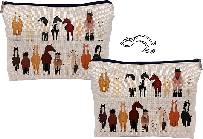 Lacosu Cartoon Various Breeds Of Horses Group Makeup Bag Cosmetic Bag Zipper Pouch Toiletry Bags,Gifts For Horse Lovers Women Girls Horse Riders