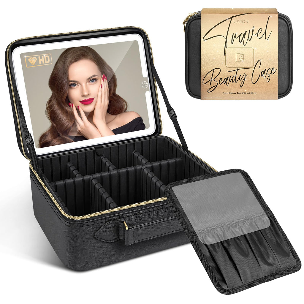 JUSRON Travel Makeup Bag With LED Mirror,Train Case with Light up Mirror, Portable Makeup Artist Organizer Bag with Adjustable Dividers, Makeup Brush Holder Storage(Black, Large)