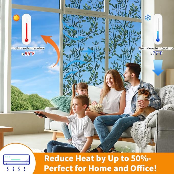 One Way Privacy Film, Window Tint for Home,Daytime Reflective, Anti UV Static Cling Sliding Door Coverings No Glue Garage Solar Paper (Silver-Leaves, 35.4X 78.7 in)