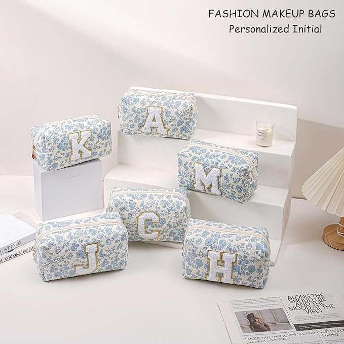 Gleyemor Personalized Initial Makeup Bag for Women, Cute Quilted Blue Floral Cotton Cosmetic Bag, Christmas Gifts for Her Mom Friend Sister Bridesmaid Teacher Women K