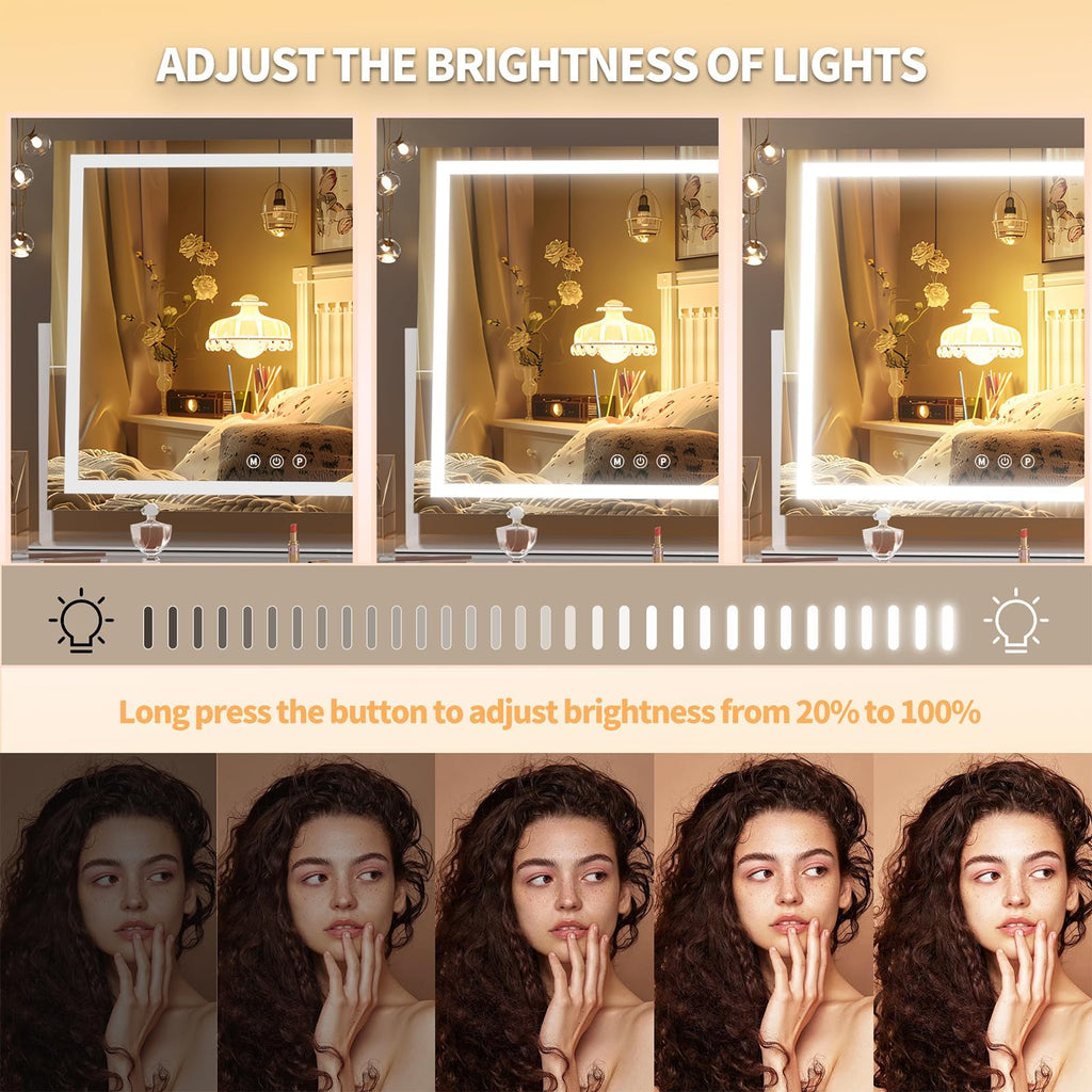 Hasipu Vanity Mirror with Lights, 28" x 20" LED Makeup Mirror, Light up Mirror with 10X Magnification and Phone Holder, USB Charging Port, Smart Touch 3 Colors Dimmable, 360° Rotation (White)
