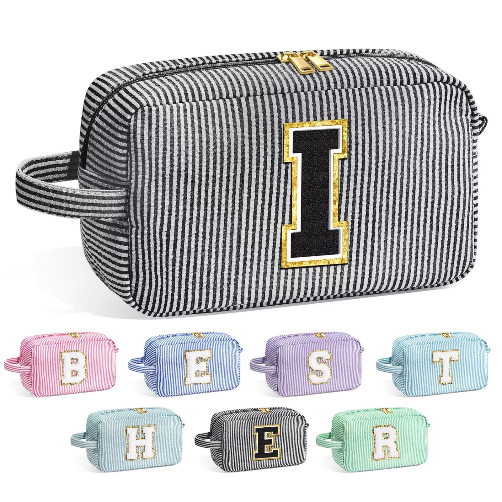 YOOLIFE Initial Cosmetic Bag for Women - Monogram Cute Makeup Bag Cosmetic Case Toiletry Pouch for Women Her Best Friend Sister Teacher, Personalized Birthday Gifts for Women, Black I