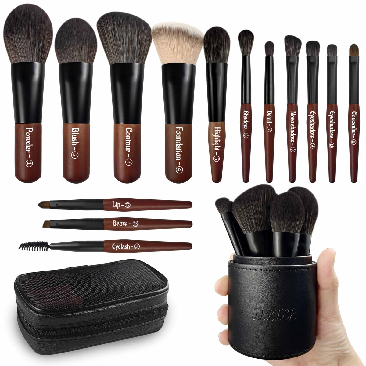 Jilier Travel Makeup Brush Set, 14 pcs Mini Makeup Brushes for Foundation, Powder, Eyeshadow, Highlight, Contour, Blush & Concealer, Small Makeup Brush Set Purse Size with Case (Black)