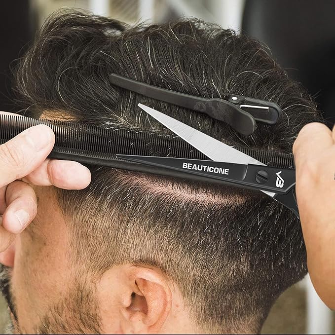 BEAUTICONE ® Hair Cutting Scissors - High Carbon SS 6.5" Professional Barber-Grade Salon Shears with Serrated & Razor Edge - Matt Finish with Pouch & Finger Inserts - Ultra Lightweight