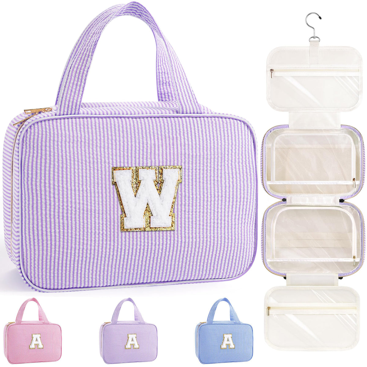 TOPEAST Teen Girl Gifts Trendy Stuff - Birthday Gifts for 7 8 9 10 11 12 13 14 15 16 17 18 Year Old Teen Girls, Hanging Toiletry Bag Initial Makeup Bag - Letter E, Purple