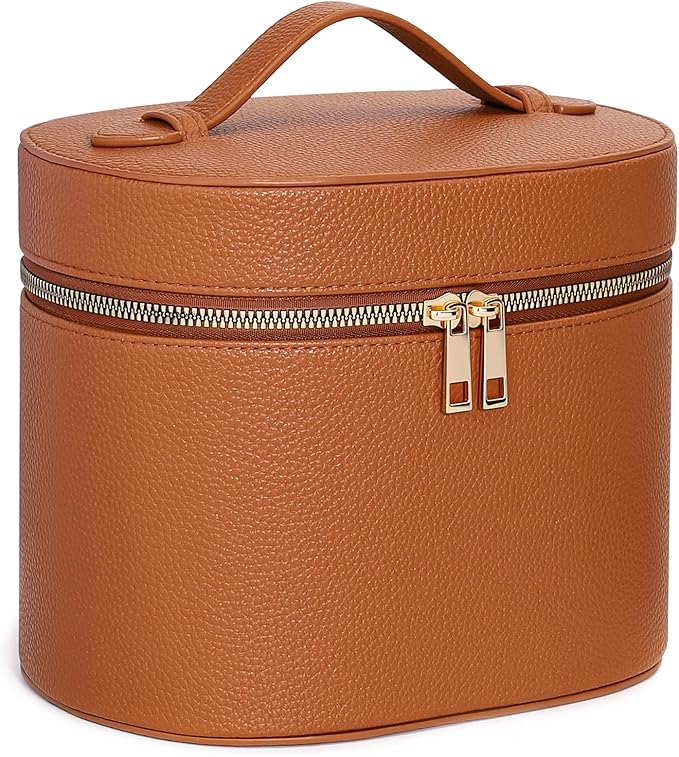 MaqSacion Makeup Bag Vanity Case for Women Leather Cosmetic Bag Makeup Organizer Case Portable Travel Toiletry Bag With Removable Compartments and Handle - Brown