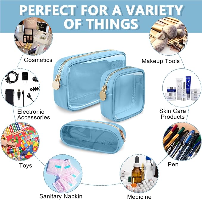 UIXIZQ Clear Small Makeup Bag with Zipper, Nylon&PVC Cosmetic Travel Bag Preppy TSA Approved Toiletry Bag for Women Girls, Transparent Waterproof Makeup Pouches Cute Travel Bag for Purse(Small-Blue)