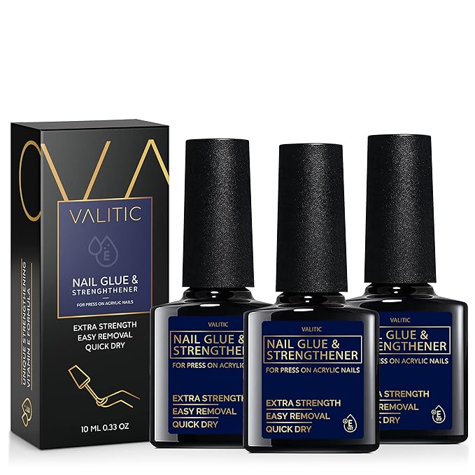 Valitic Strong Nail Glue and Strengthener for Acrylic and Press On Nails - Quick Dry Brush On Gel for Long Lasting Effect - Adhesive Nail Bond for False Nails with Tips Strengthener - 3 Pack