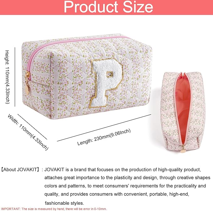 JOVAKIT Makeup Bag Cosmetic Bags for Women, Christmas Gifts for Girls Age 6-18, Alphabet Pink Floral Coquette Zipper Travel Makeup Pouch, Organizer Case Trendy Stuff (Pink+ Blue P)