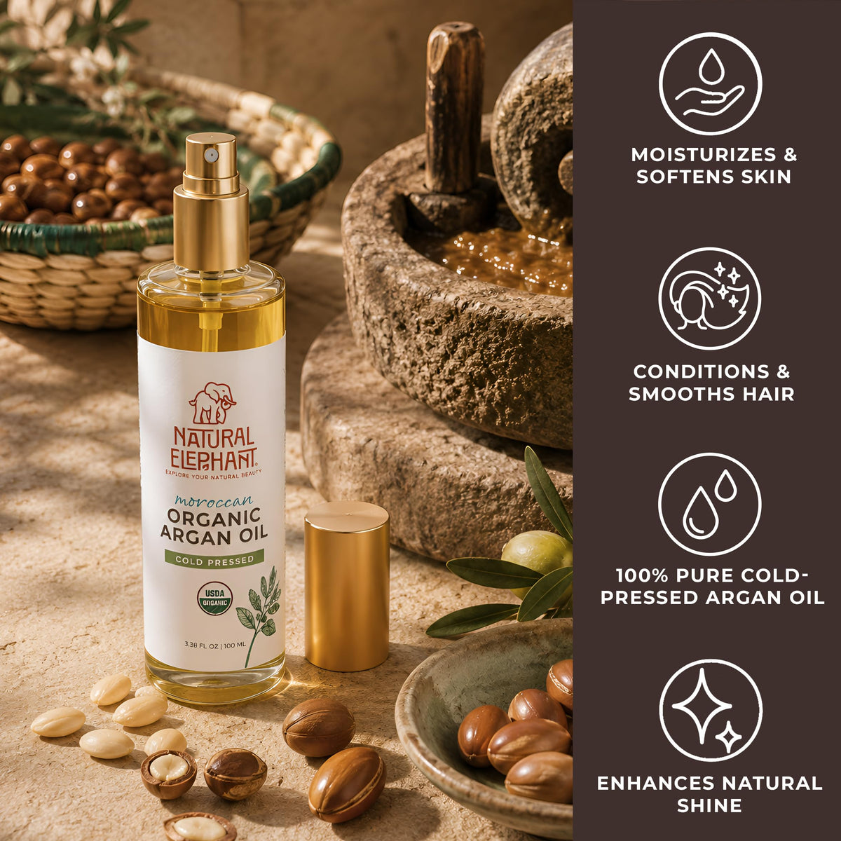 Natural Elephant USDA Certified Organic 100% Pure Argan Oil, Cold-Pressed, 100 ml (3.38 fl oz) - Nourishing & Hydrating for Skin, Hair, and Nails