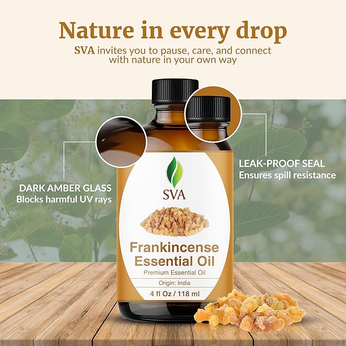 SVA Frankincense Essential Oil – 4 Fl Oz – for Diffuser, Skin & Hair Care – Ideal for Massage & DIY Blends – with Dropper