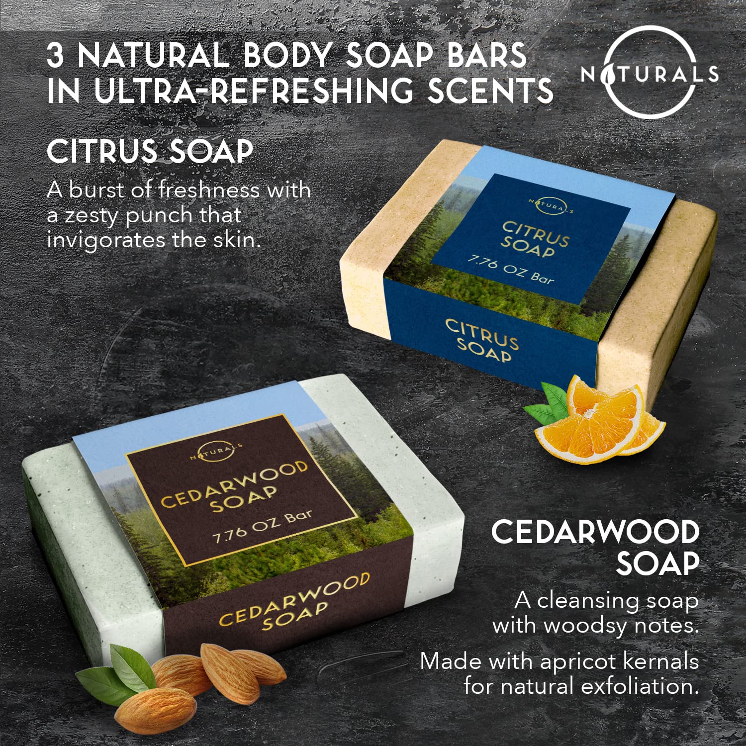 O NATURALS Bar Soap for Men - 3-Pcs Mens Soap Bar - Natural Soap - Mens Bar Soap - Men Soap - Natural Soap for Men - Organic Men's Soap Bars - Exfoliating Soap Bar - Citrus, Olive & Cedarwood