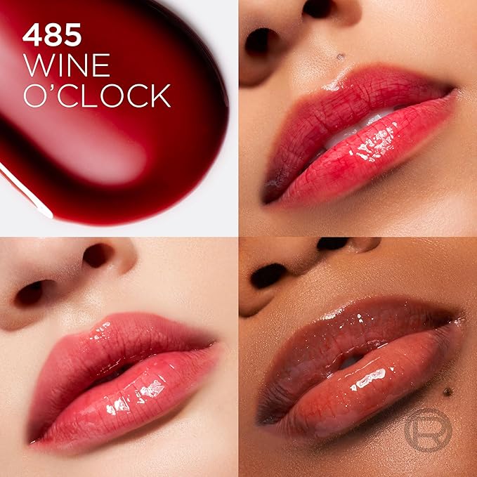 L'Oreal Paris Plump Ambition Hyaluron Lip Oil, 24 HR Lip Gloss with Hyaluronic Acid, Volumizing Formula with Glass-Like Shine, Wine O'clock 485, 0.16 Fl Oz