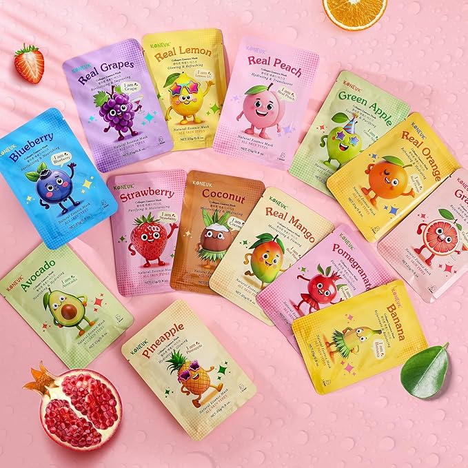 14 Pack Fruit Face Masks Skincare for Kids, Sheet Hydrating Facial Mask