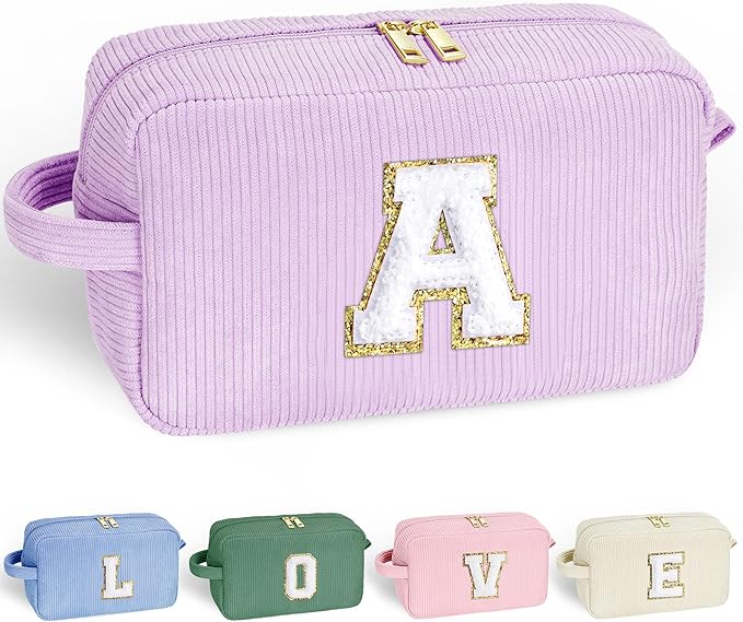 YOOLIFE Travel Makeup Bag - 4 5 6 7 8 9 10 Year Old Girl Birthday Gift | Initial Cosmetic Bags for Women Teen Girls Kids, Cute Makeup Bag Birthday Gifts for Women Kid Teen Girls Trendy Stuff Purple A